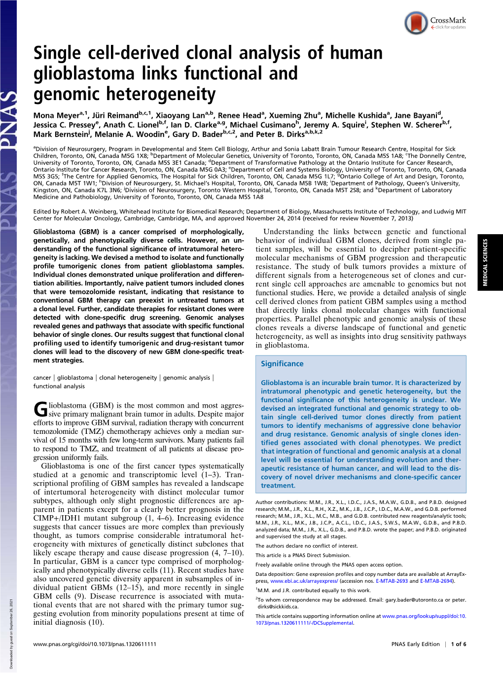 Single Cell-Derived Clonal Analysis of Human Glioblastoma Links Functional and Genomic Heterogeneity