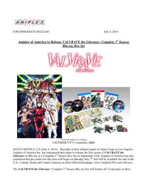 Aniplex of America to Release VALVRAVE the Liberator: Complete 1St Season Blu-Ray Box Set