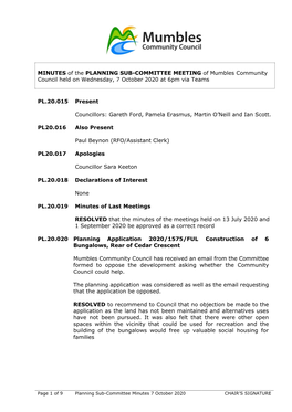 MINUTES of the PLANNING SUB-COMMITTEE MEETING of Mumbles Community Council Held on Wednesday, 7 October 2020 at 6Pm Via Teams