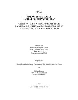 Malpai Borderlands Habitat Conservation Plan for Privately Owned and State Trust Rangelands in the Malpai Borderlands of Southern Arizona and New Mexico