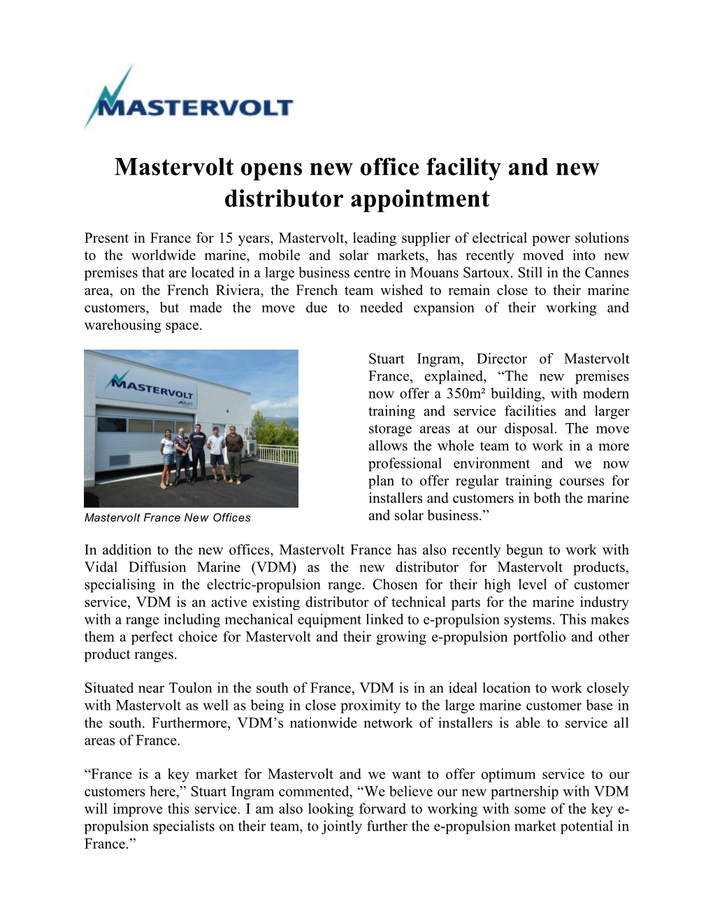 Mastervolt Opens New Office Facility and New Distributor Appointment