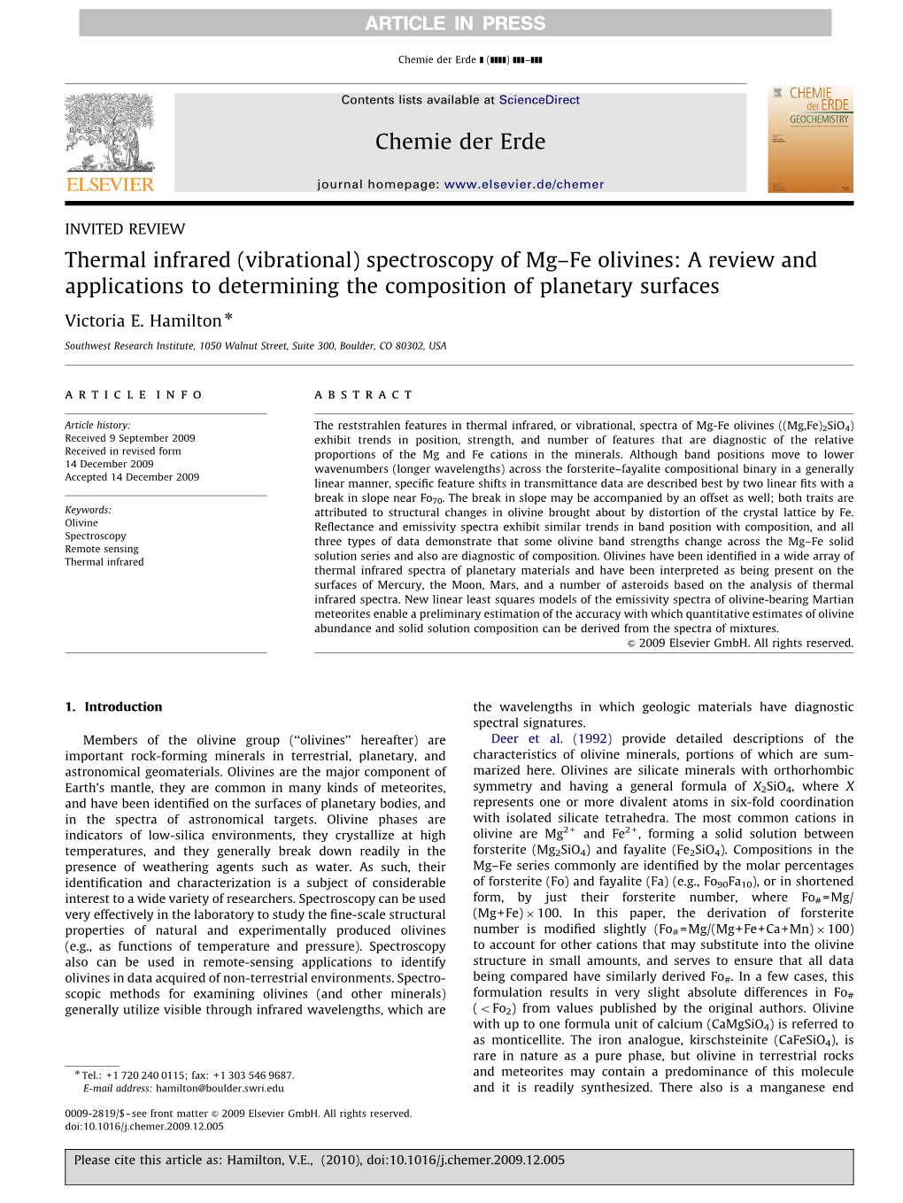 Thermal Infrared (Vibrational) Spectroscopy of Mg-Fe Olivines