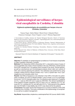 Epidemiological Surveillance of Herpes Viral Encephalitis in Cordoba, Colombia