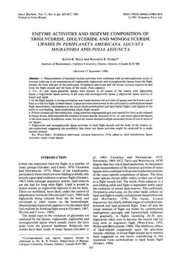Enzyme Activities and Isozyme Composition of Triglyceride, Diglyceride and Monoglyceride Lipases in Periplaneta Americana, Locusta Migratoria and Polia Adjuncta