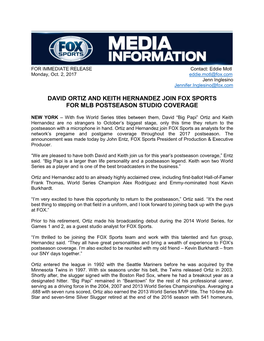 David Ortiz and Keith Hernandez Join Fox Sports for Mlb Postseason Studio Coverage