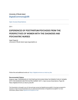 Experiences of Postpartum Psychosis from the Perspectives of Women with the Diagnosis and Psychiatric Nurses