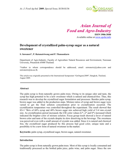 Development of Crystallized Palm-Syrup Sugar As a Natural Sweetener