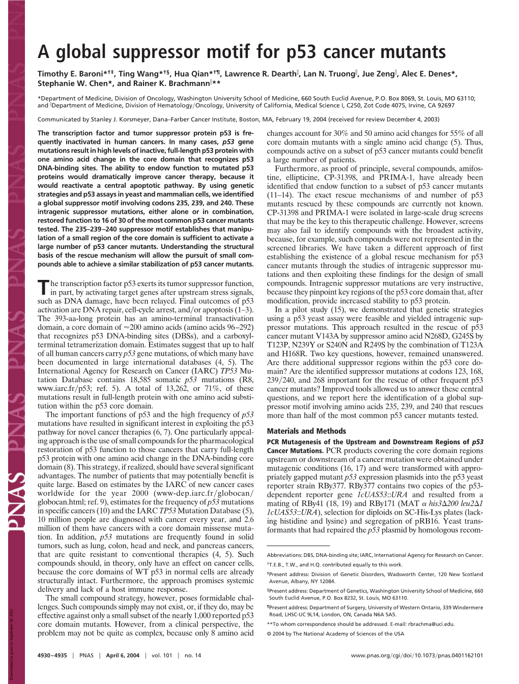 A Global Suppressor Motif for P53 Cancer Mutants