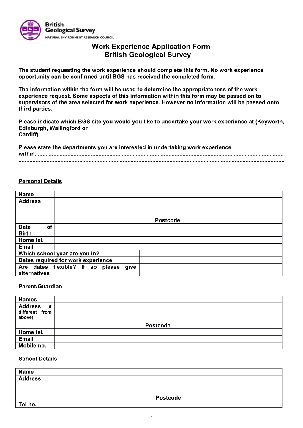 Work Experience Application Form