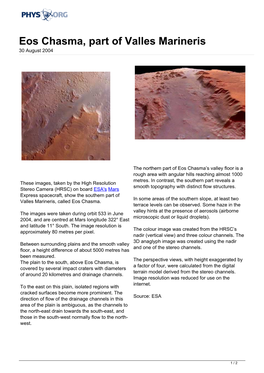 Eos Chasma, Part of Valles Marineris 30 August 2004