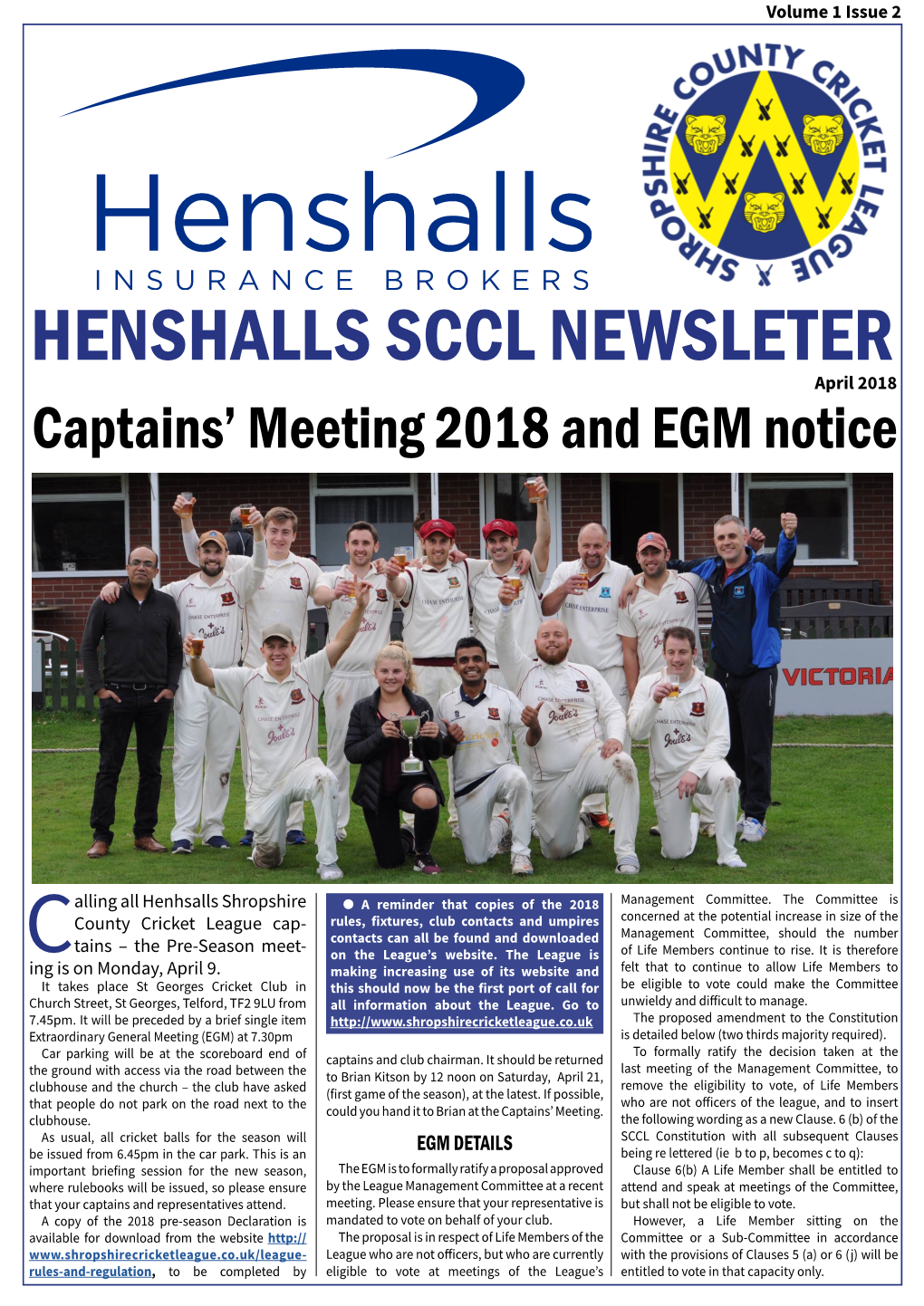 HENSHALLS SCCL NEWSLETER April 2018 Captains’ Meeting 2018 and EGM Notice