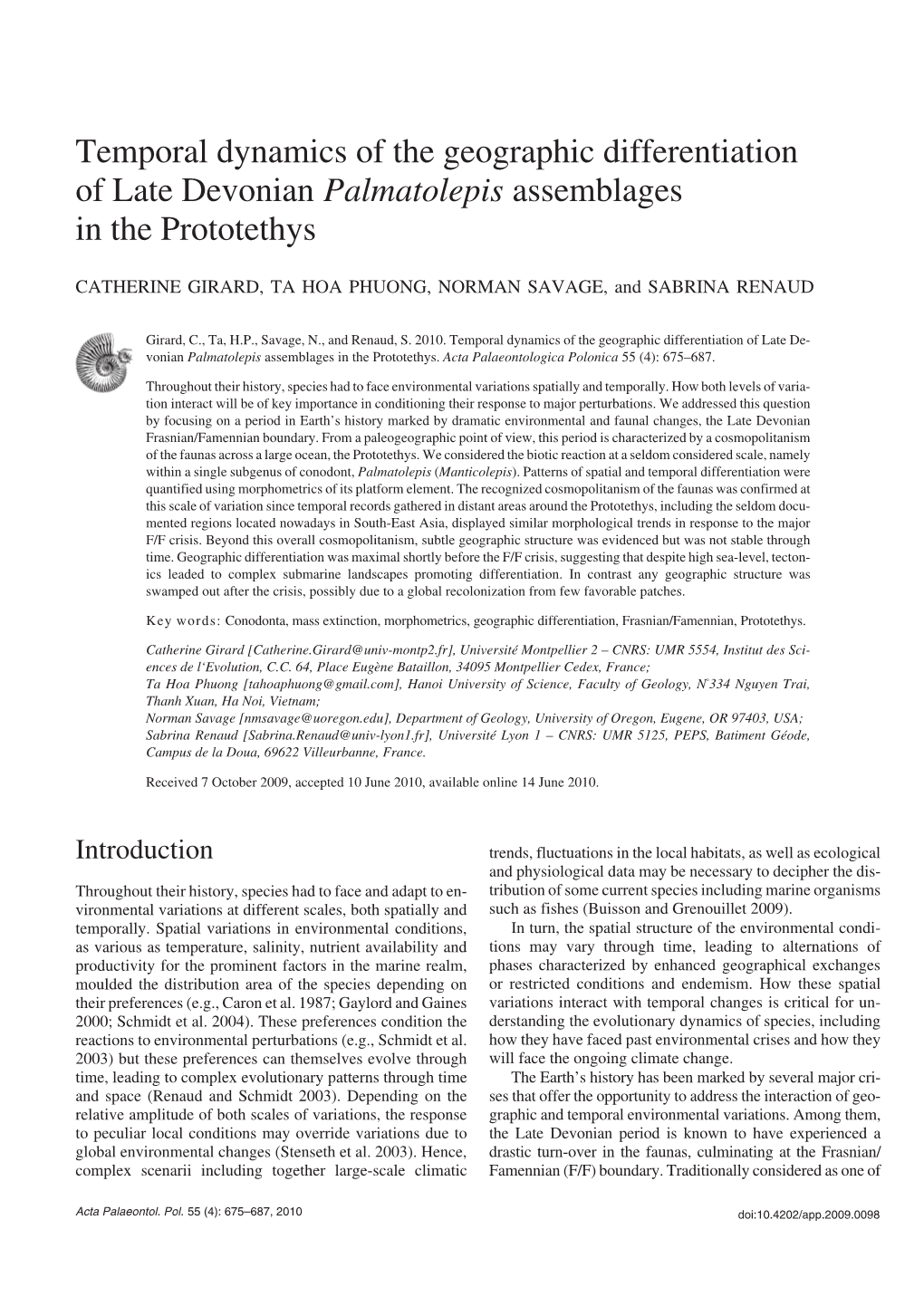 Temporal Dynamics of the Geographic Differentiation of Late Devonian Palmatolepis Assemblages in the Prototethys