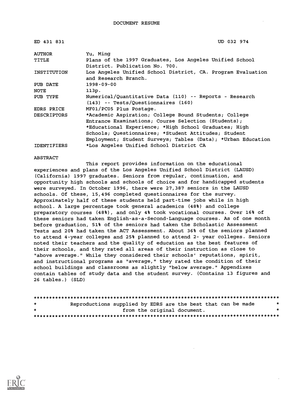 Plans of the 1997 Graduates, Los Angeles Unified School District