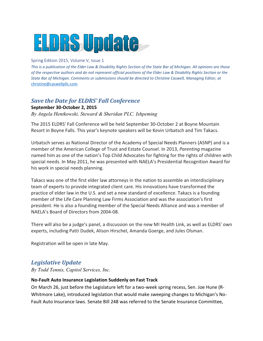 Elder Law Section: Spring 2015 ELDRS Newsletter