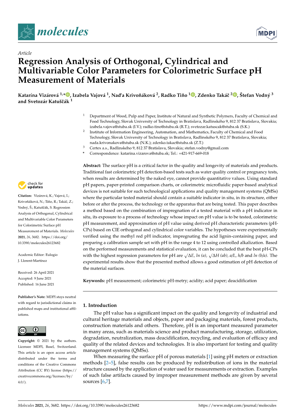 Regression Analysis of Orthogonal, Cylindrical and Multivariable Color Parameters for Colorimetric Surface Ph Measurement of Materials