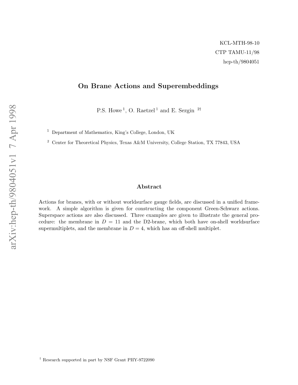 Arxiv:Hep-Th/9804051V1 7 Apr 1998 Ok Ipeagrtmi Ie O Osrcigtecompo G the Are in Constructing Examples Membrane Three for the Given Discussed