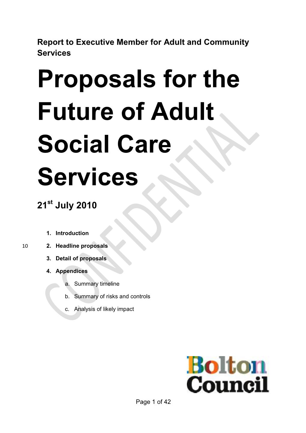 Report to Executive Member for Adult and Community Services Proposals for the Future of Adult Social Care Services