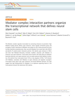 Mediator Complex Interaction Partners Organize the Transcriptional Network That Deﬁnes Neural Stem Cells