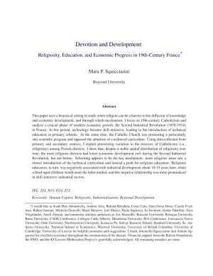 Devotion and Development: ∗ Religiosity, Education, and Economic Progress in 19Th-Century France