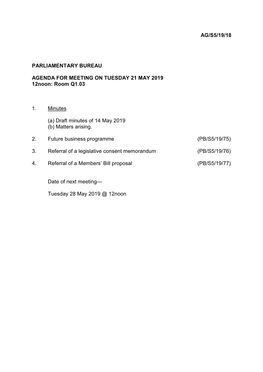 Ag/S5/19/18 Parliamentary Bureau Agenda for Meeting