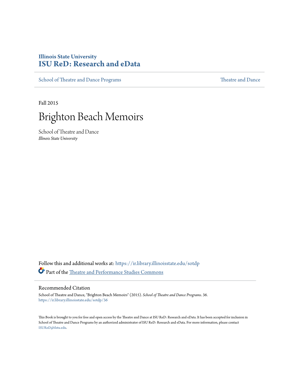 Brighton Beach Memoirs School of Theatre and Dance Illinois State University