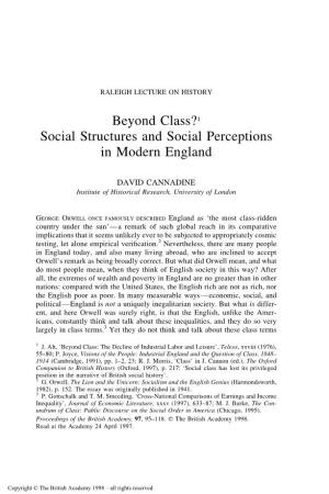 Beyond Class?1 Social Structures and Social Perceptions in Modern England