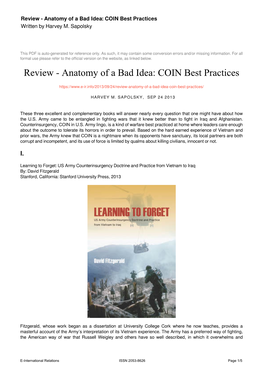 Review - Anatomy of a Bad Idea: COIN Best Practices Written by Harvey M