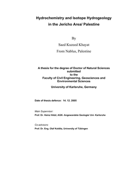 Hydrochemistry and Isotope Hydrogeology in the Jericho Area/ Palestine