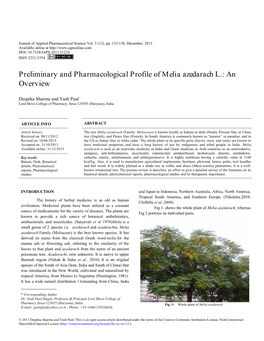 Preliminary and Pharmacological Profile of Melia Azedarach L.: an Overview