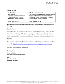 August 31, 2020 the Secretary, BSE Limited Corporate Services Department, Phiroze Jeejeebhoy Towers, Dalal Street, Mumbai-400 00