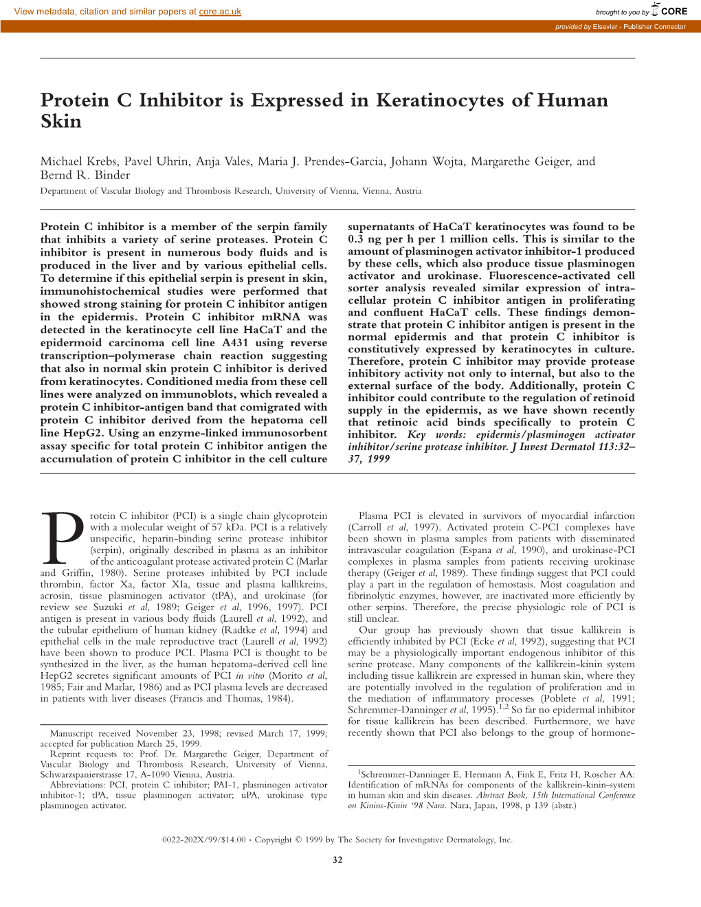 Protein C Inhibitor Is Expressed in Keratinocytes of Human Skin