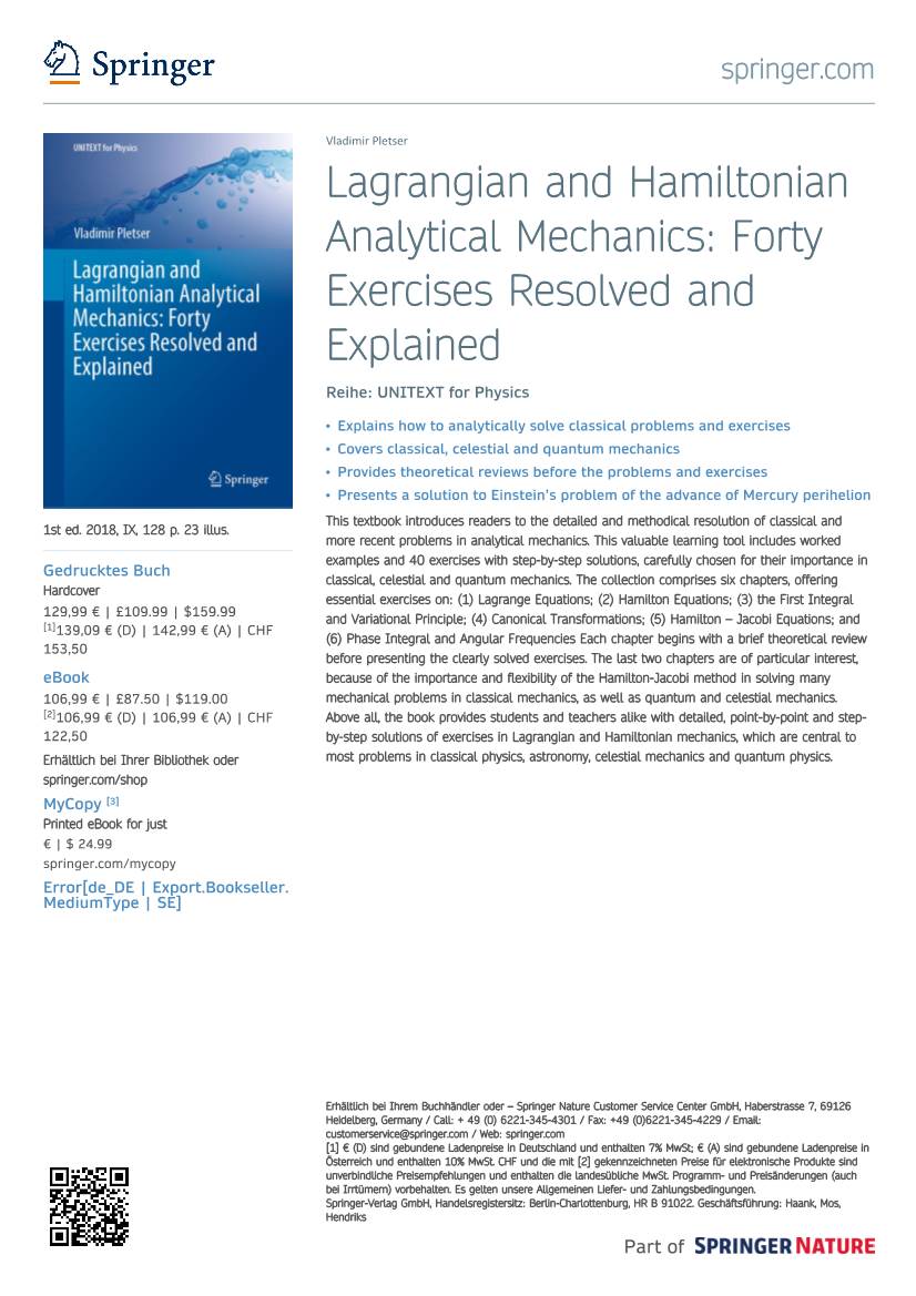 Lagrangian and Hamiltonian Analytical Mechanics: Forty Exercises Resolved and Explained Reihe: UNITEXT for Physics
