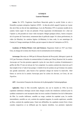 1 LEXIQUE Laurent Mannoni Aaton. En 1972, L'ingénieur Jean-Pierre Beauviala Quitte La Société Eclair Et Crée À Grenoble S