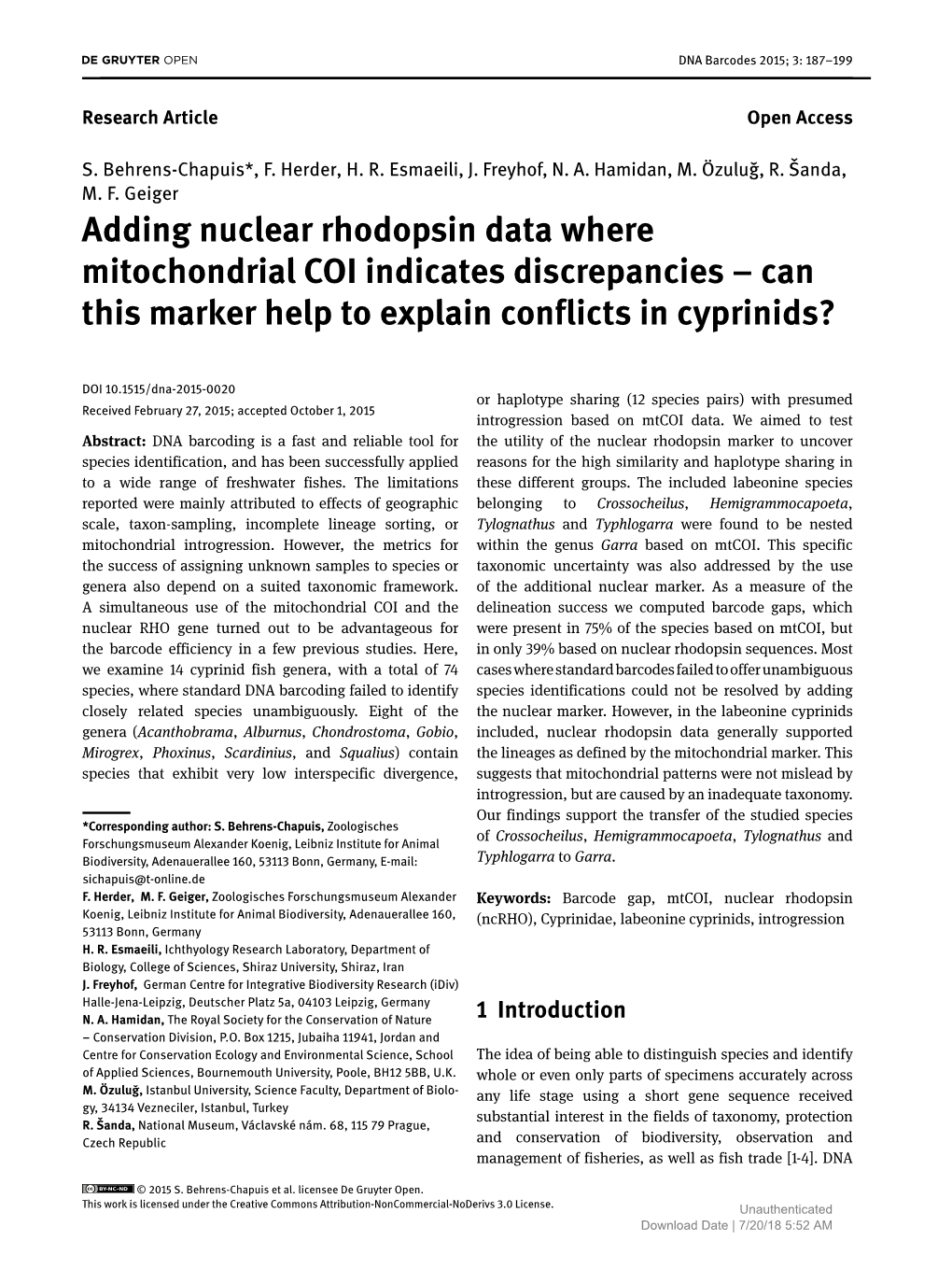 Adding Nuclear Rhodopsin Data Where Mitochondrial COI Indicates Discrepancies – Can This Marker Help to Explain Conflicts in Cyprinids?