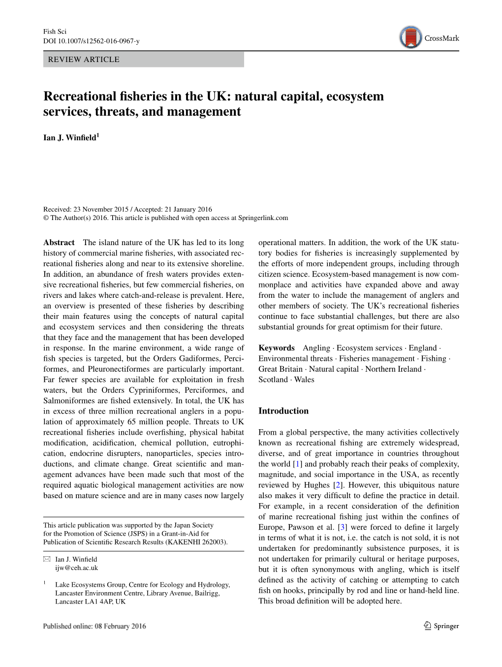 Recreational Fisheries in the UK: Natural Capital, Ecosystem Services, Threats, and Management