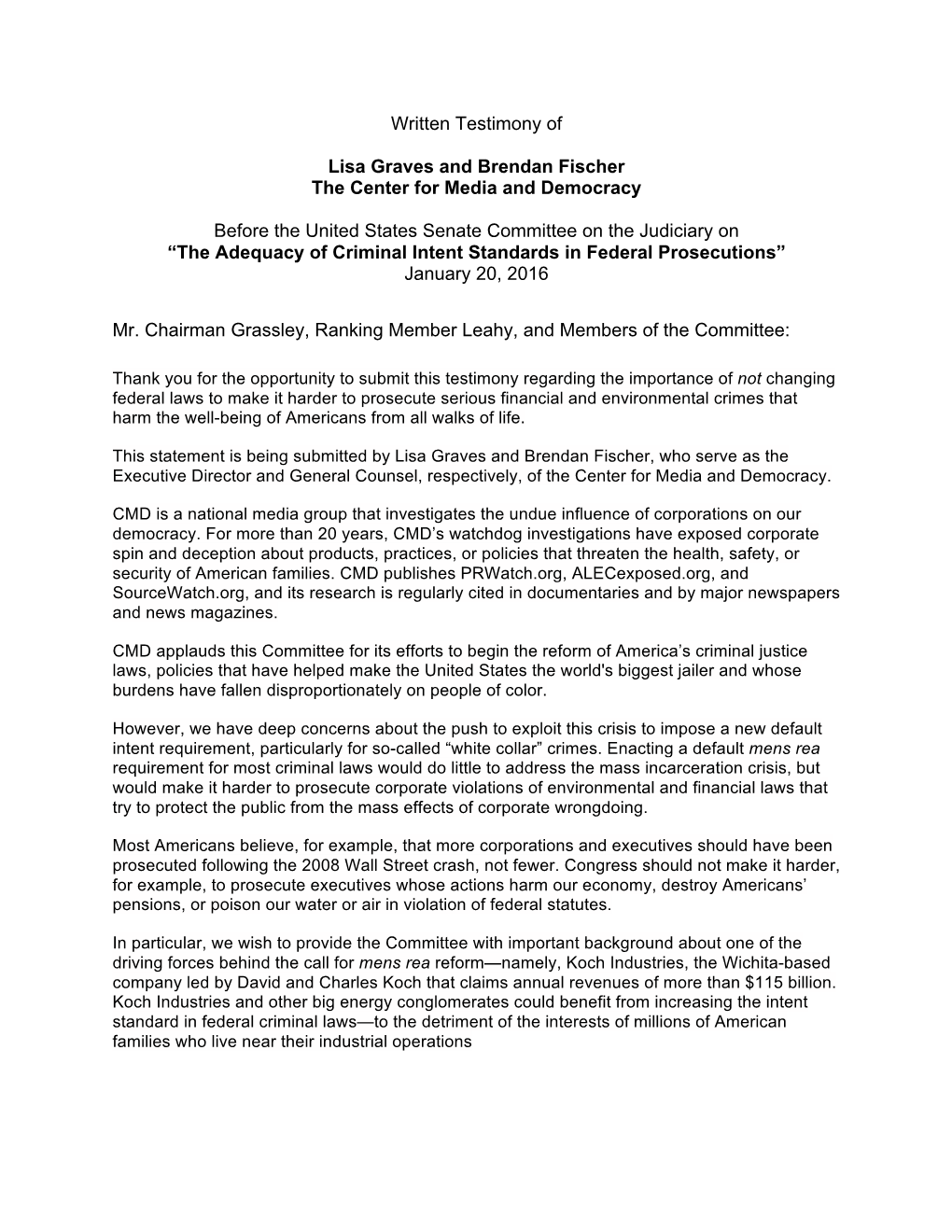 Written Testimony of Lisa Graves and Brendan Fischer the Center for Media and Democracy Before the United States Senate Commit