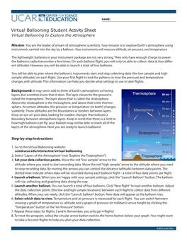 Virtual Ballooning Student Activity Sheet Virtual Ballooning to Explore the Atmosphere