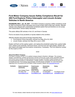 Ford Motor Company Issues Safety Compliance Recall for 286 Ford Explorer Police Interceptor and Lincoln Aviator Vehicles in North America