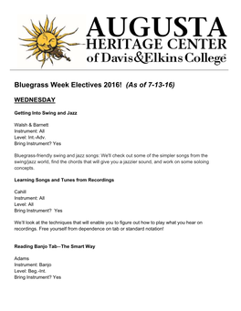 Bluegrass Week Electives 2016! (As of 7-13-16)