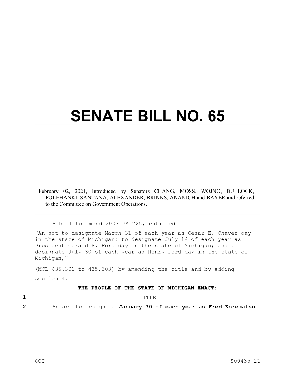 Senate Bill No. 65