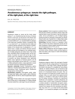 Pseudomonas Syringae Pv. Tomato: the Right Pathogen, of the Right Plant, at the Right Time