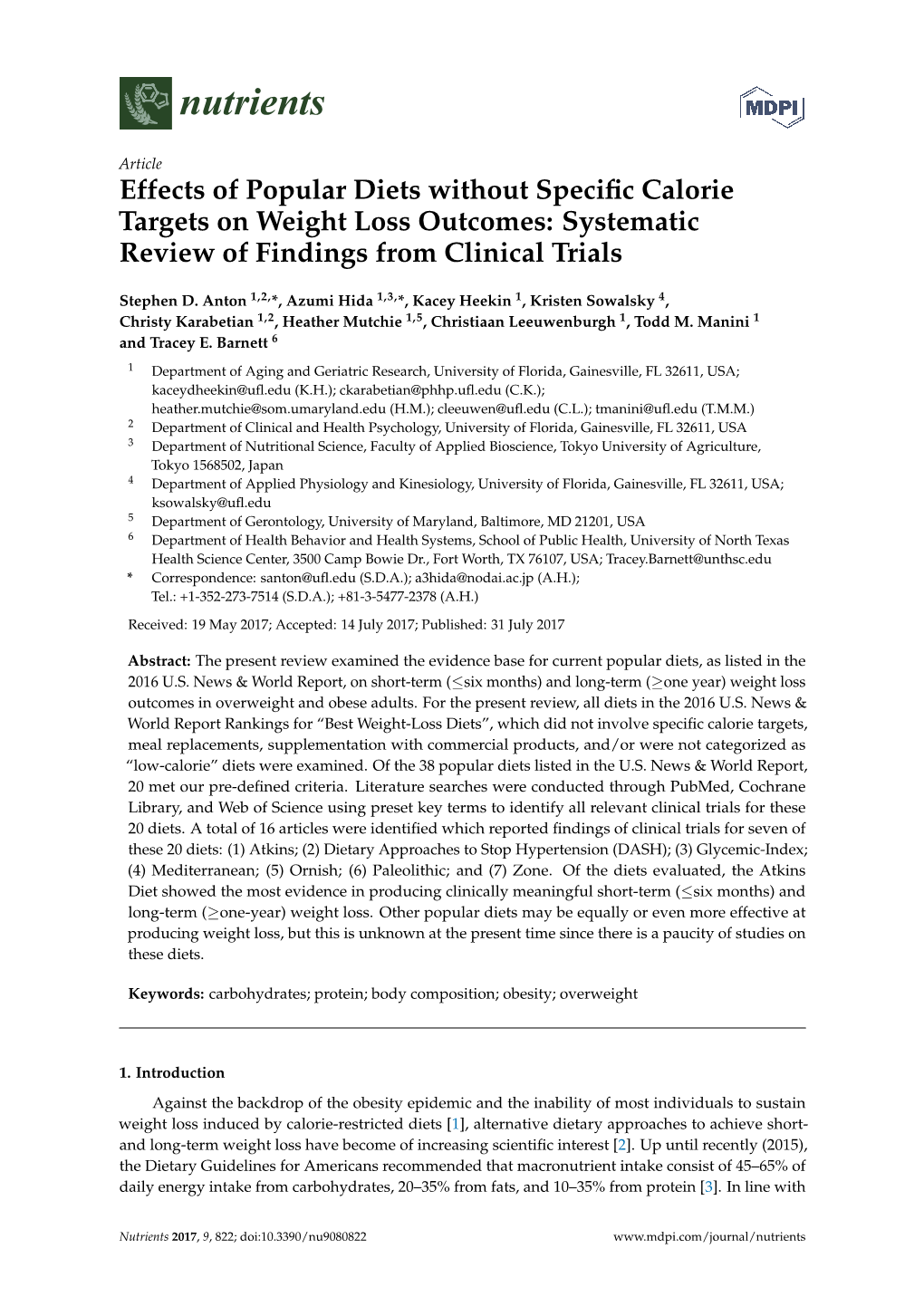 Popular Diets Without Speciﬁc Calorie Targets on Weight Loss Outcomes: Systematic Review of Findings from Clinical Trials