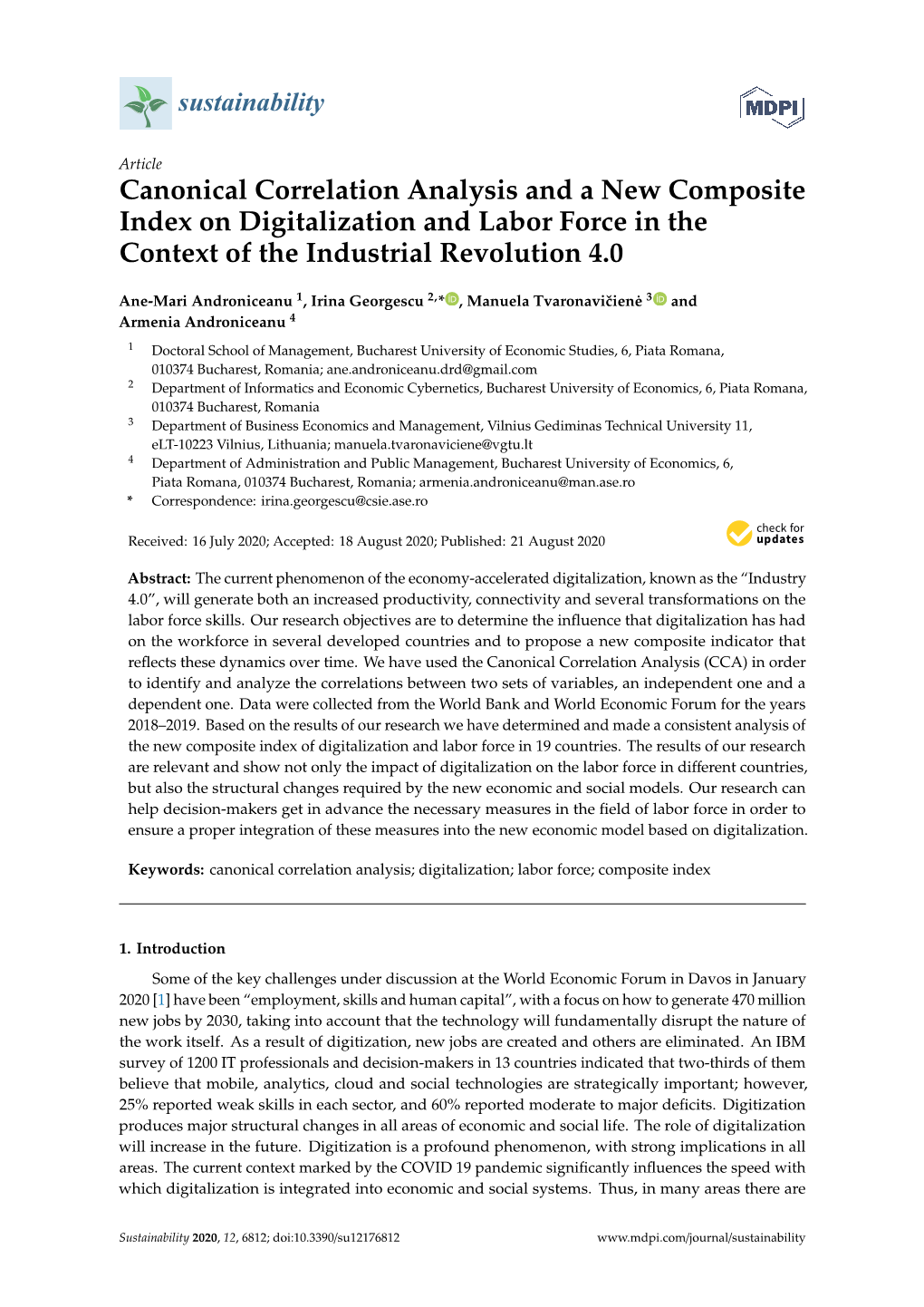 Canonical Correlation Analysis and a New Composite Index on Digitalization and Labor Force in the Context of the Industrial Revolution 4.0