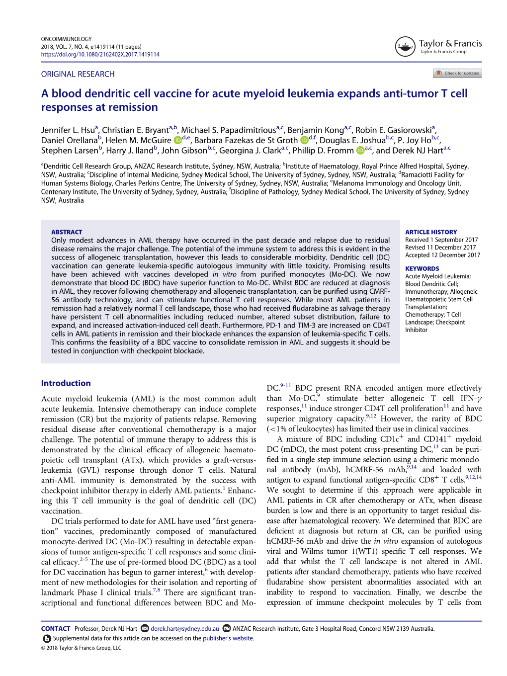 A Blood Dendritic Cell Vaccine for Acute Myeloid Leukemia Expands Anti-Tumor T Cell Responses at Remission