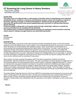 CT Screening for Lung Cancer in Heavy Smokers Policy Number: PG0049 ADVANTAGE | ELITE | HMO Last Review: 04/01/2021