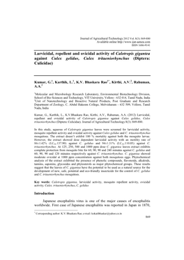 Larvicidal, Repellent and Ovicidal Activity of Calotropis Gigantea Against Culex Gelidus, Culex Tritaeniorhynchus (Diptera: Culicidae)