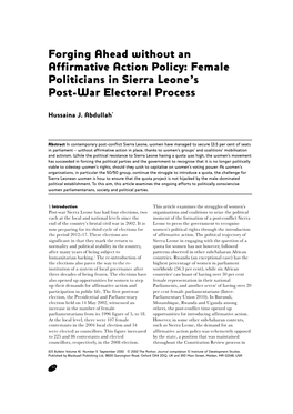 Forging Ahead Without an Affirmative Action Policy: Female Politicians in Sierra Leone’S Post-War Electoral Process