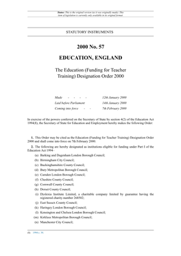 The Education (Funding for Teacher Training) Designation Order 2000