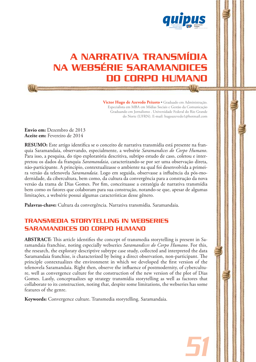 A Narrativa Transmídia Na Websérie Saramandices Do Corpo Humano