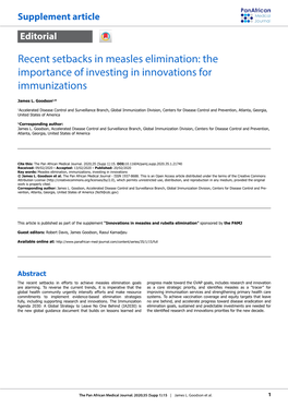 Recent Setbacks in Measles Elimination: the Importance of Investing in Innovations for Immunizations